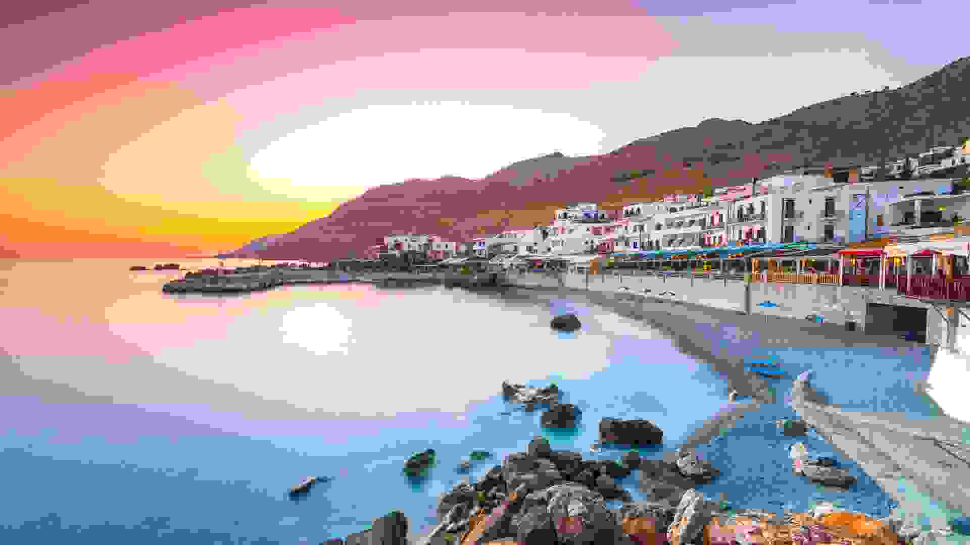 The small traditional village of Chora Sfakion, Sfakia, Chania, Crete, Greece.