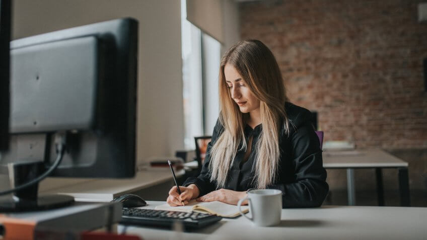 A businesswoman records business plans in the office.