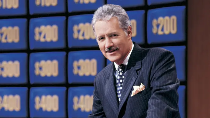 Alex Trebek on set of Jeopardy on NBC