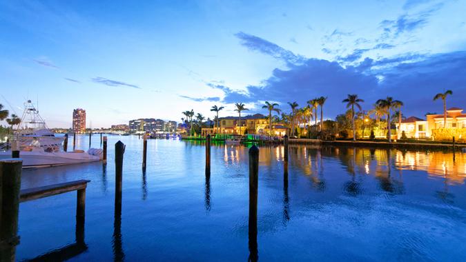 Boca Raton homes reflections at night, Florida.