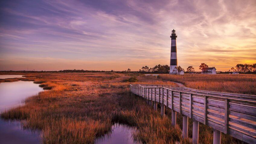 Bodie Island Lighthouse at sunset.