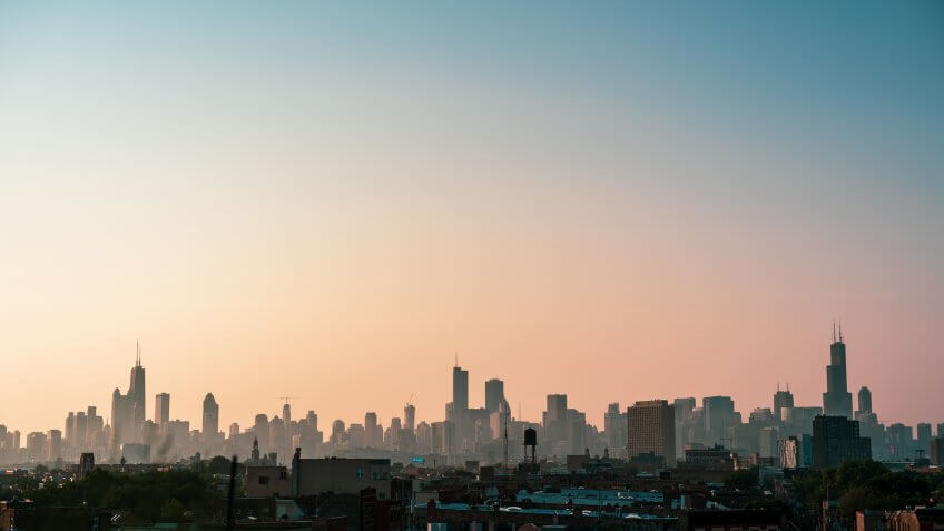 Chicago Illinois skyline at sunset