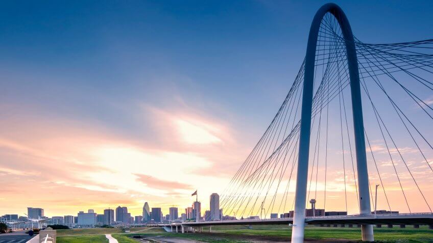 Photo of Dallas skyline in the morning.