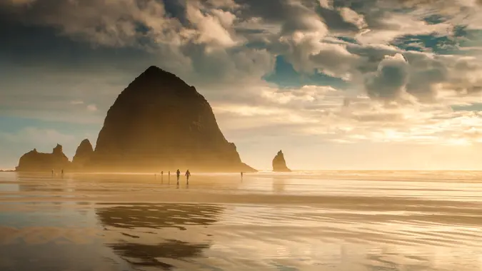 Cannon Beach, Oregon at sunset and between storms.