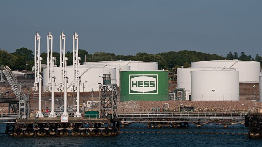 "New London, Connecticut, USA: August 20,2013: Hess oil company fuel depot as viewed from the New London Orient Point ferry.