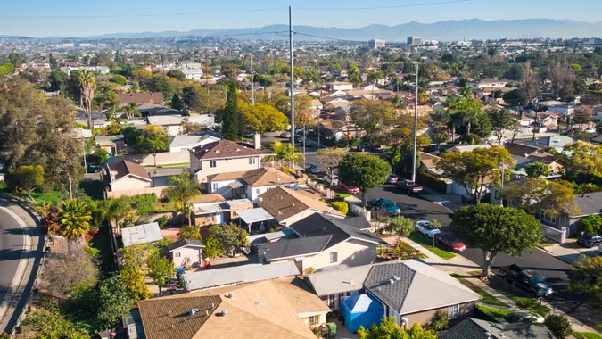 Photo of a Residential Neighborhood with Houses and Rooftops in the Inglewood area of Los Angeles, California, USA, shot from above.