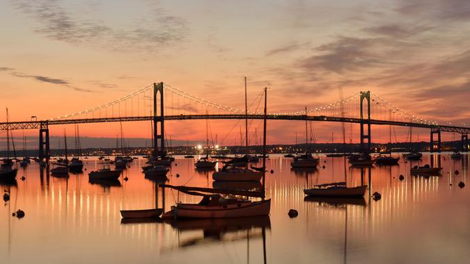 Newport Bridge at sunrise, Jamestown, Rhode Island, USA.