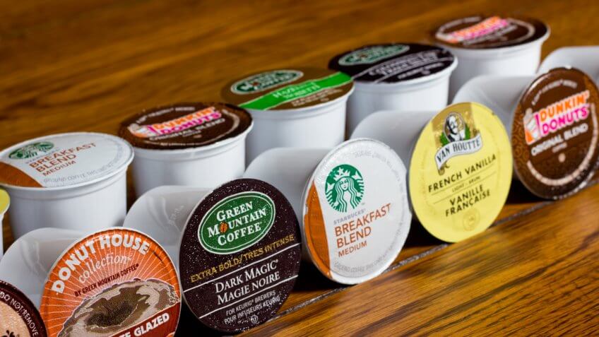 "New York City, USA - April 13, 2012: Single serving, coffee k-cups, also known as pods for Keurig coffee makers are a billion dollar industry.