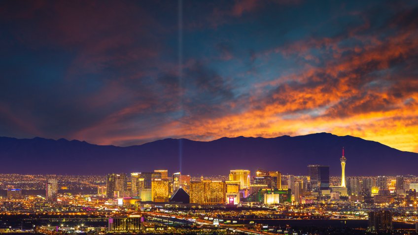 A stock photo of the world famous Las Vegas city skyline.