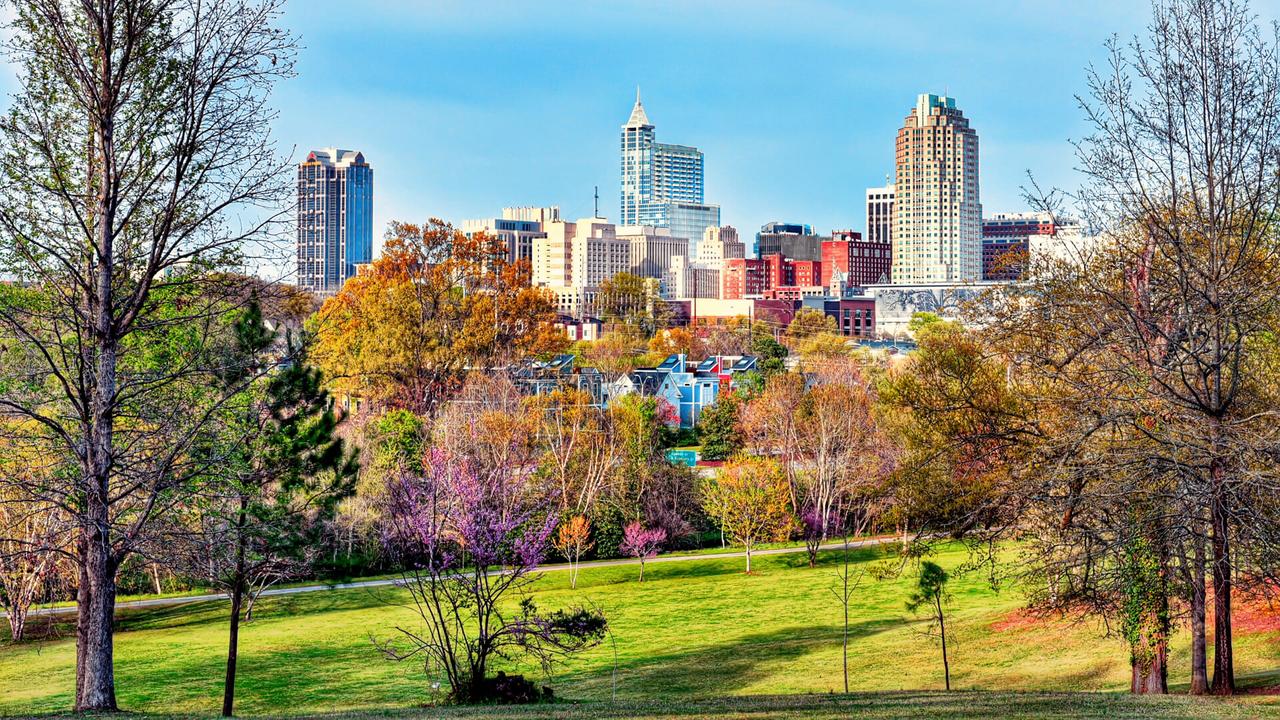 A colorful downtown Raleigh, North Carolina cityscape view from a park in spring.