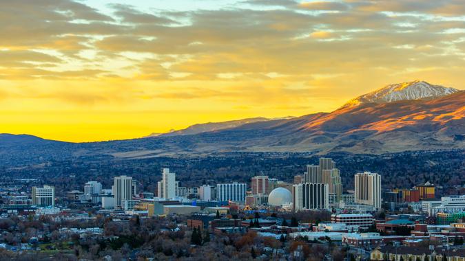 Reno , Nevada at dawn Reno at sunrise.