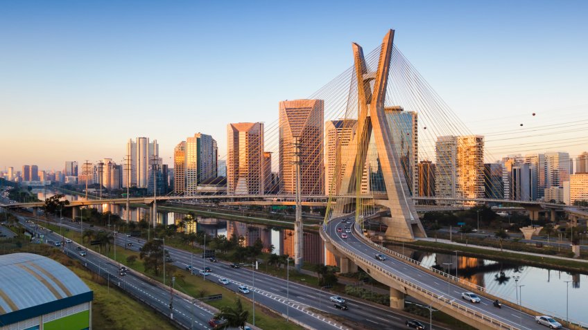 Aerial view of the famous cable-stayed bridge of Sao Paulo city.