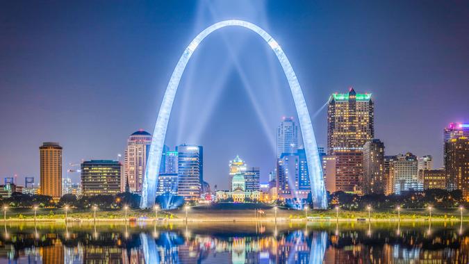 The St. Louis city skyline with Gateway Arch at dusk