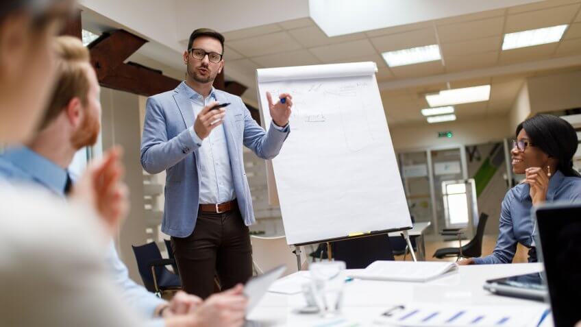 Businessman is presenting new project to partners in the office.