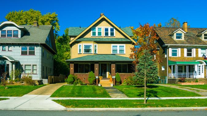 Three houses in a Cleveland, Ohio neighborhood.