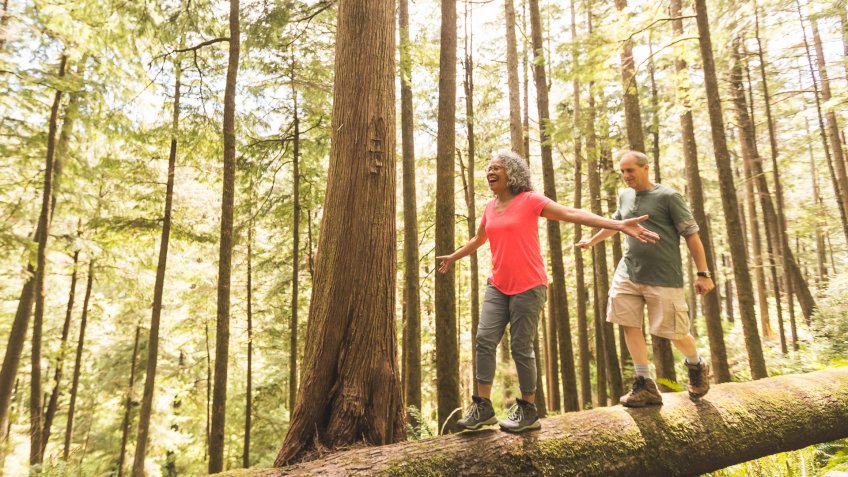 Cute senior couple explore the Pacific Northwest together on a day hiking trip.