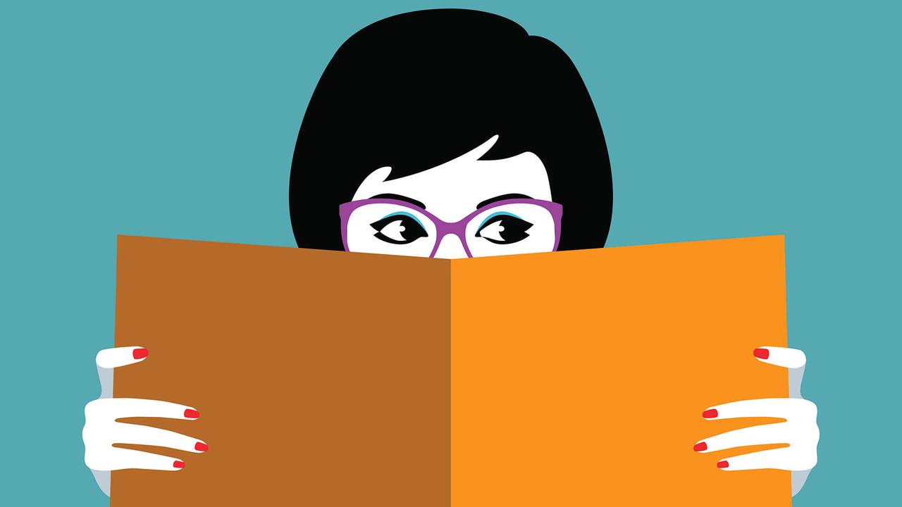 Vector illustration of the beautiful girl face behind big book.