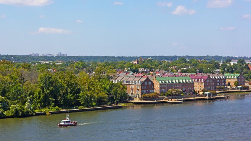 A river waterfront along the river of nationally designated historic district in early fall in Alexandria Virginia
