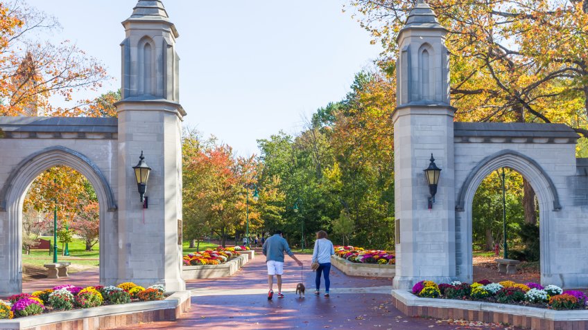 BLOOMINGTON, IN/USA - OCTOBER 22, 2017: Unidentified individuals and Sample Gates on the campus of the University of Indiana.