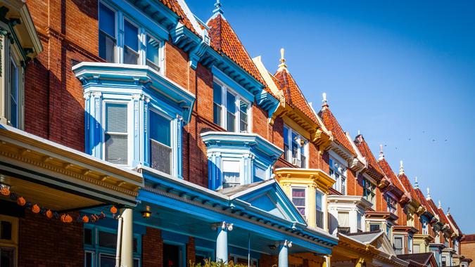 Colourful row houses in Charles Village in Baltimore Maryland
