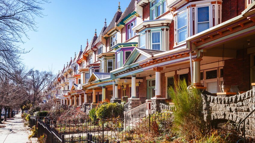 Colourful row homes in Charles Village in Baltimore Maryland