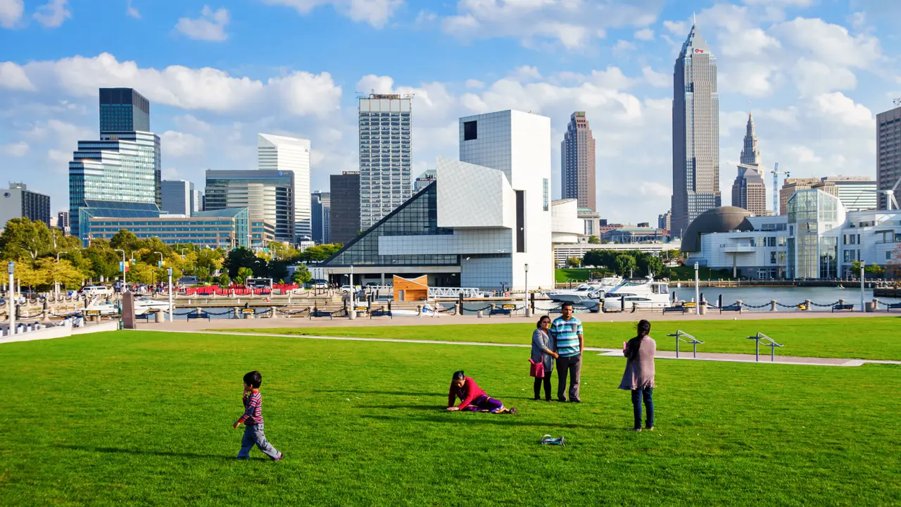 Cleveland, USA - September 20, 2014: A family enjoys a beautiful day at the Voinovich Bicentennial Park in downtown Cleveland, Ohio, USA.