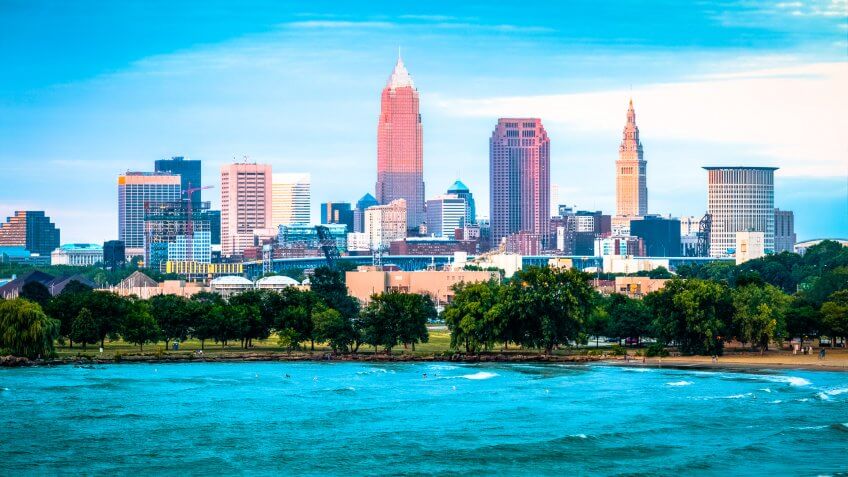 Cleveland and the Lake Erie shore at sunset.