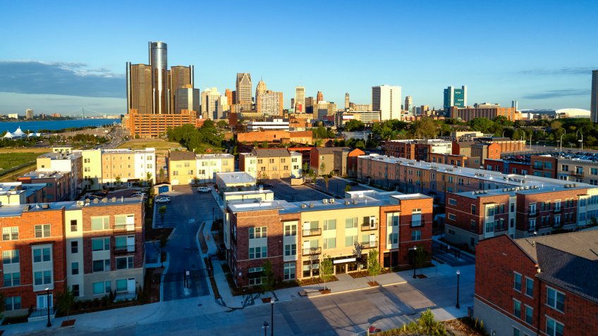 Aerial view of Detroit downtown in morning.