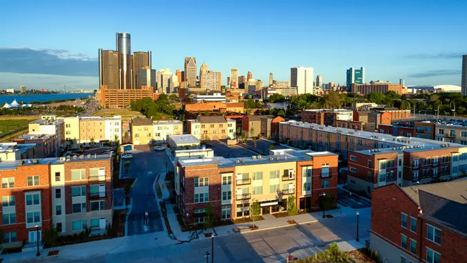 Aerial view of Detroit downtown in morning.