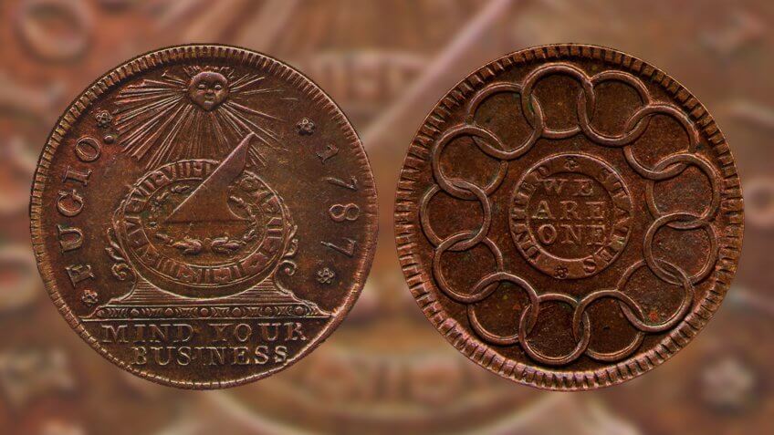 Fugio Cent first US penny designed by Benjamin Franklin
