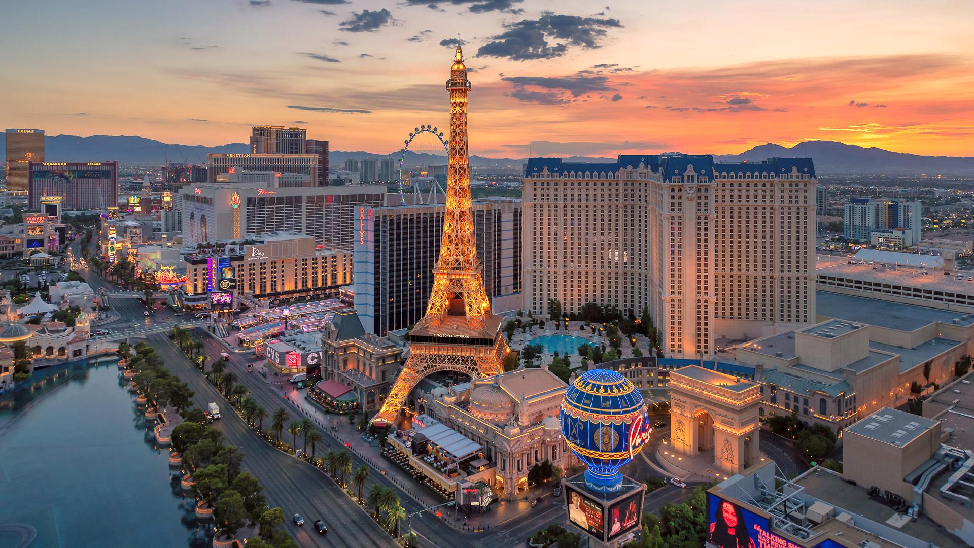 Aerial view of Las Vegas strip at sunrise on July 24, 2018 in Las Vegas, Nevada.
