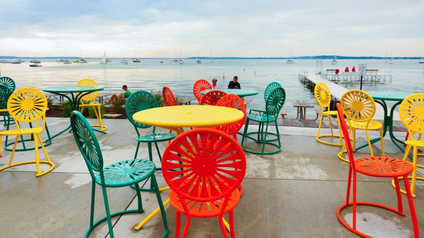 Madison, Wisconsin, USA - July 11, 2017: Colorful chairs at Memorial Union Terrace on the campus of the University of Wisconsin–Madison.