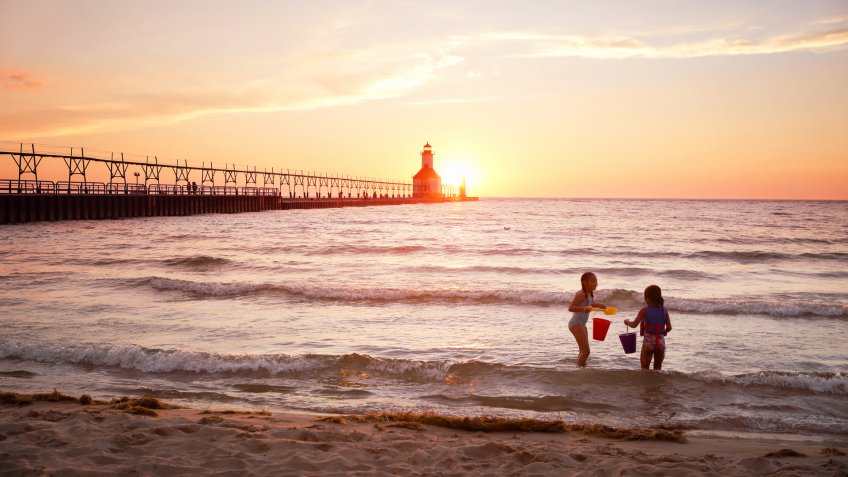 St Joseph Lighthouse on Lake Michigan at sunset - Image.