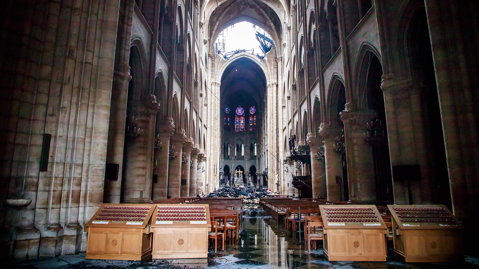 Interior of Notre Dame after catching fire in Paris France
