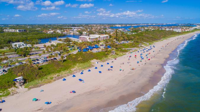 Aerial drone photo of the Oceanfront Beach Park Boynton Florida.