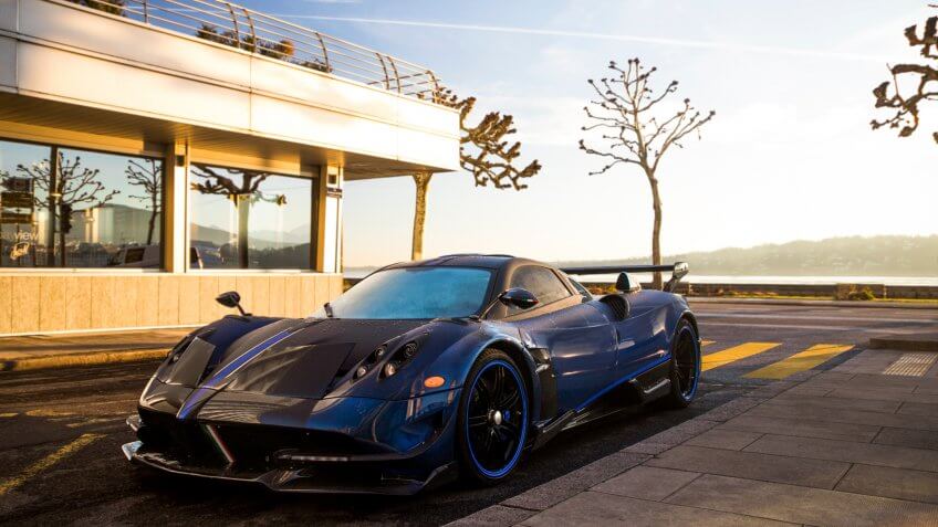 Geneva, Switzerland - March 2018: Pagani Huayra BC Macchina Volante hypercar parked at a luxury hotel in central Geneva.