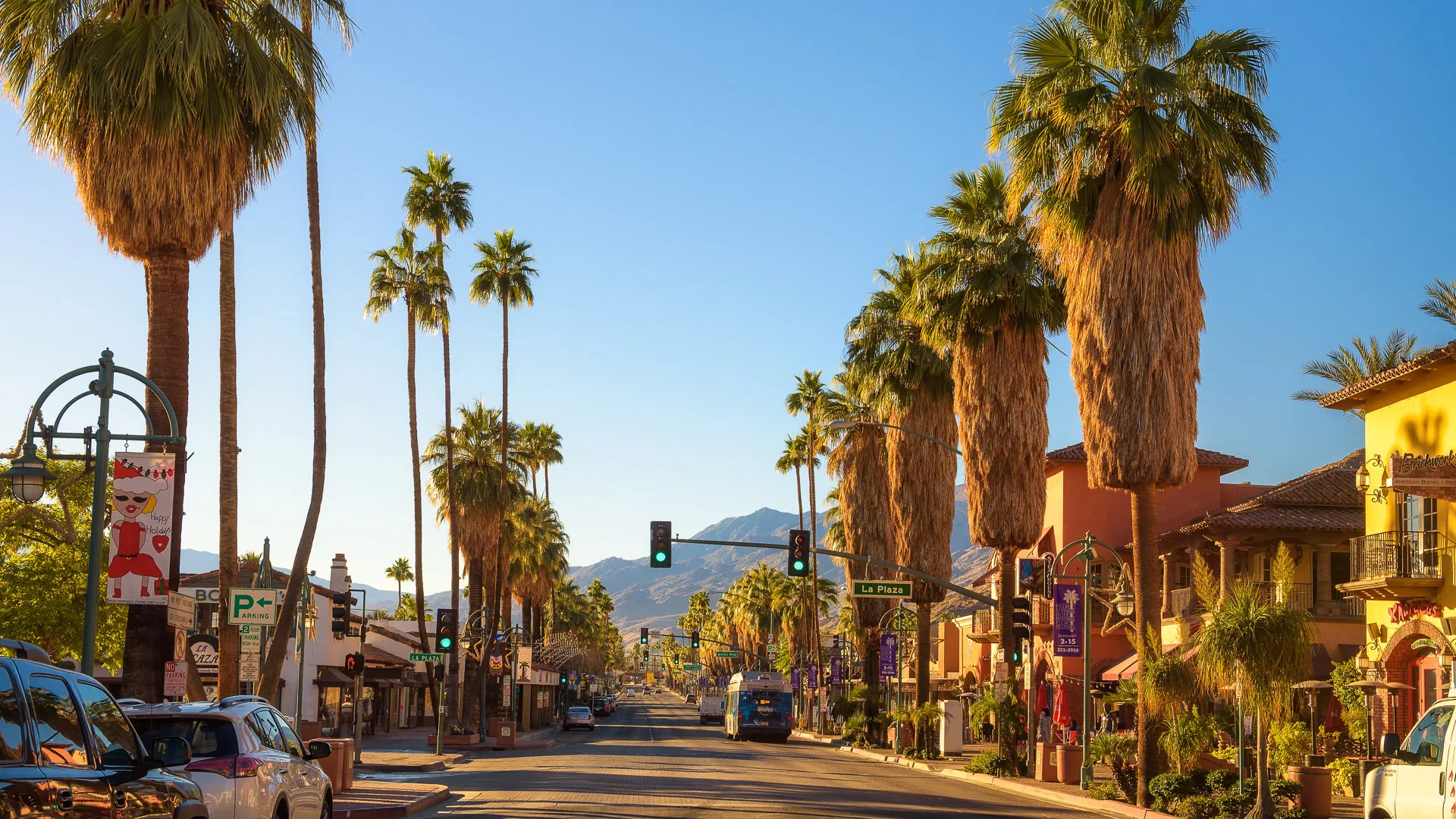 Palm Springs, California, USA - December 27, 2017 : Scenic street view of Palm Springs at sunrise.