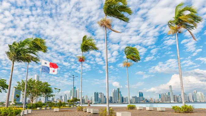 Panorama Panama city, in front palm trees and Panamian flag on plato, in background high buildings against blue sky.
