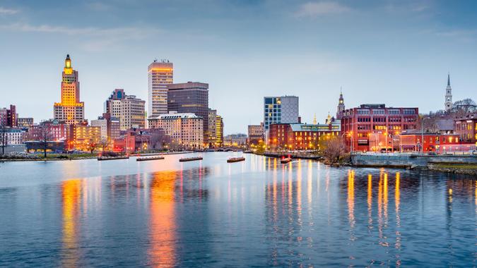 Providence, Rhode Island downtown cityscape viewed from above the Providence River.