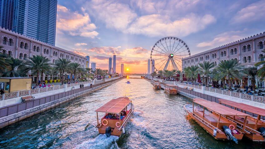 Eye of the Emirates - ferris wheel in Al Qasba - Shajah at sunset - Image.
