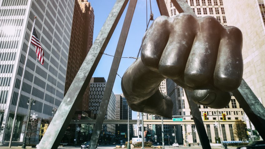 The Monument to Joe Louis in downtown Detroit Michigan