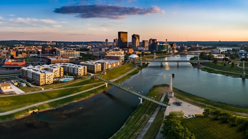 aerial of Dayton Ohio skyline