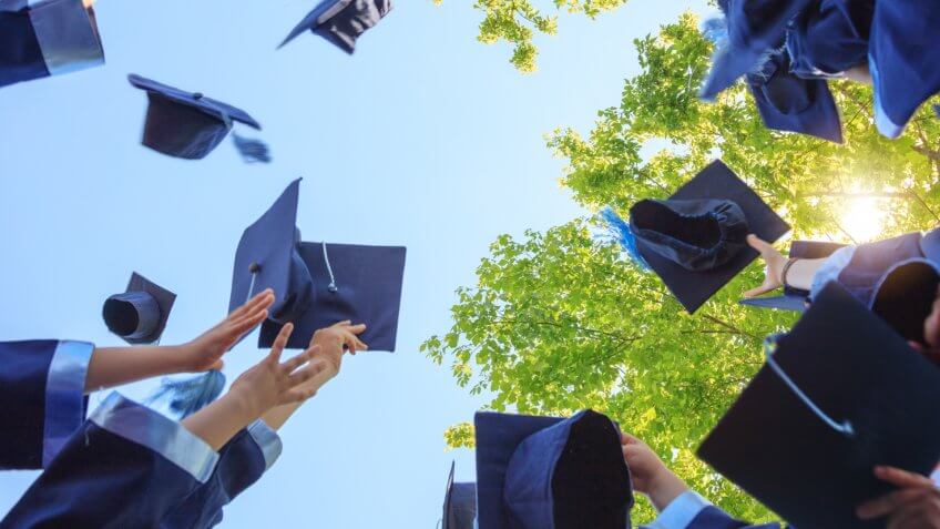 Throwing graduation hats.