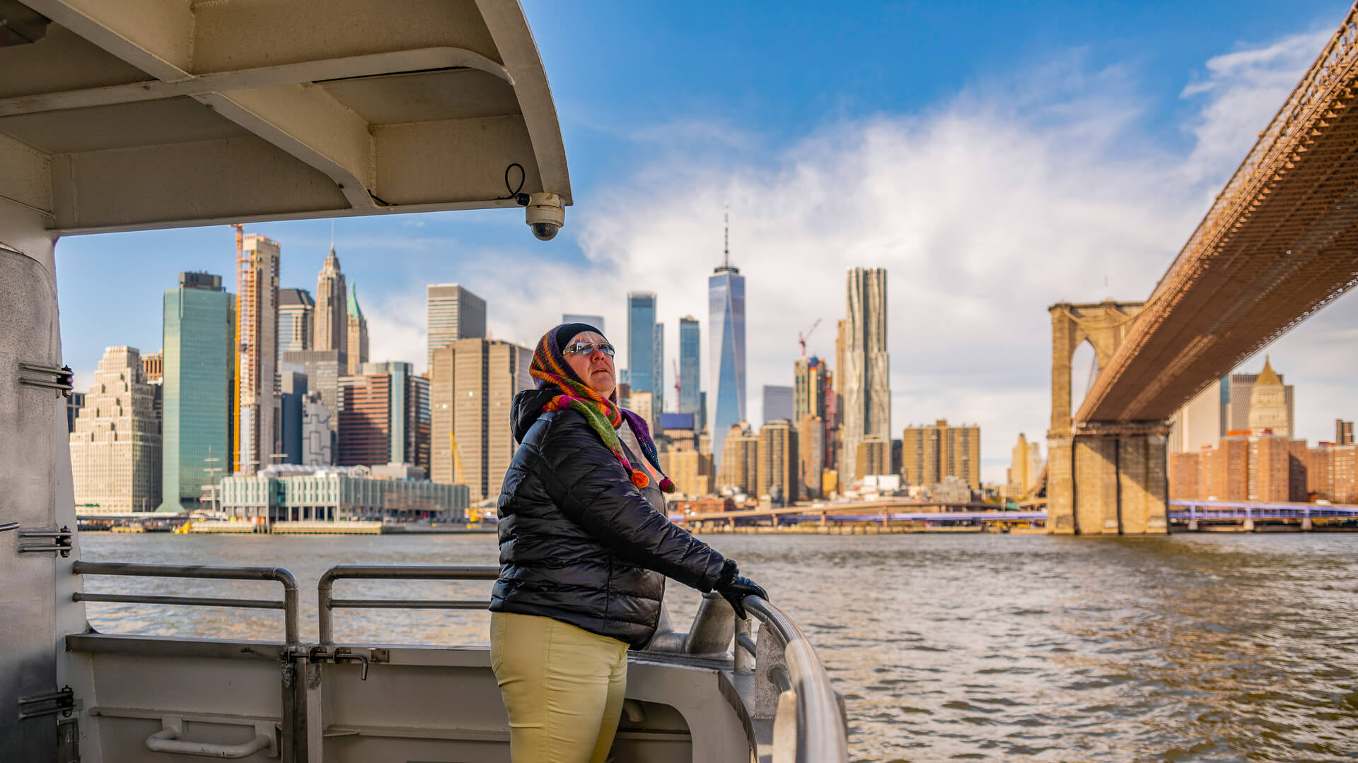 mature middle aged woman riding ferry in New York City