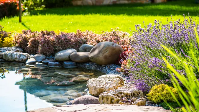 small pond installation in backyard landscaping
