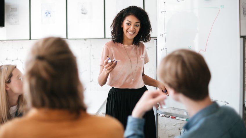 woman giving presentation in corporate office