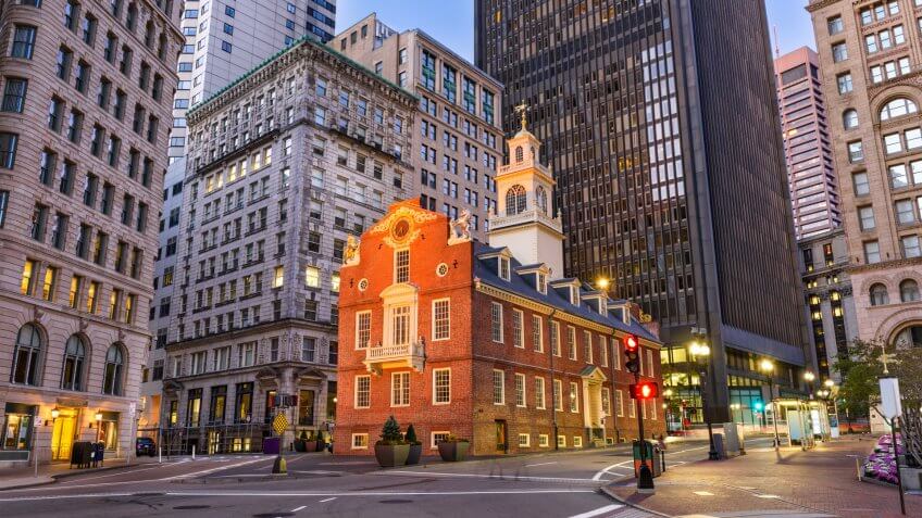 Boston, Massachusetts, USA cityscape at the Old State House on the Freedom Trail