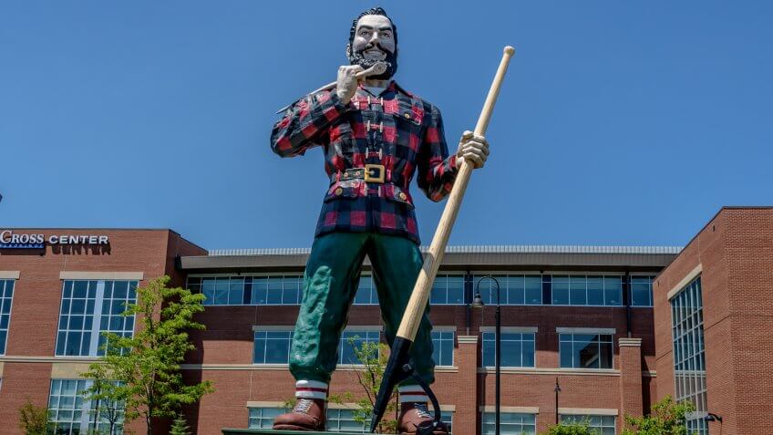 BANGOR, MAINE - July 4, 2018: Huge Paul Bunyan Statue.