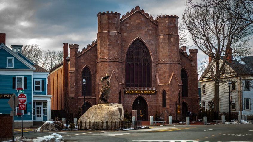 Salem, USA- March 03, 2019: Witch museum located in a Gothic styled, New England church type building.