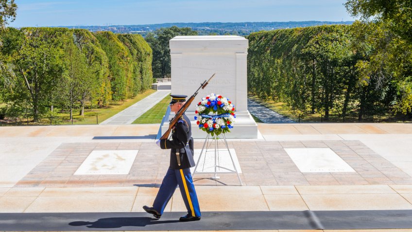WASHINGTON DC, USA - SEP 24, 2015: Change of the guard near the Unknown Soldier tomb at the Arlington national cemetery.